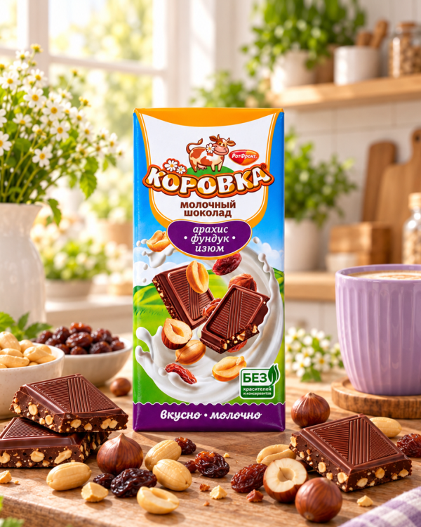 "КОРОВКА" Молочный шоколад  с арахисом, фундуком и изюмом 75г