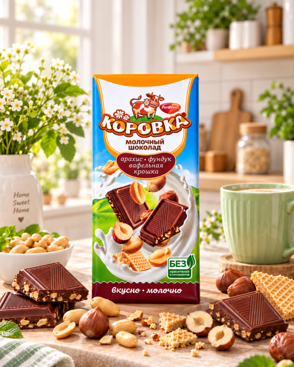 "КОРОВКА" Молочный шоколад  с арахисом, фундуком и вафельной крошкой 75г